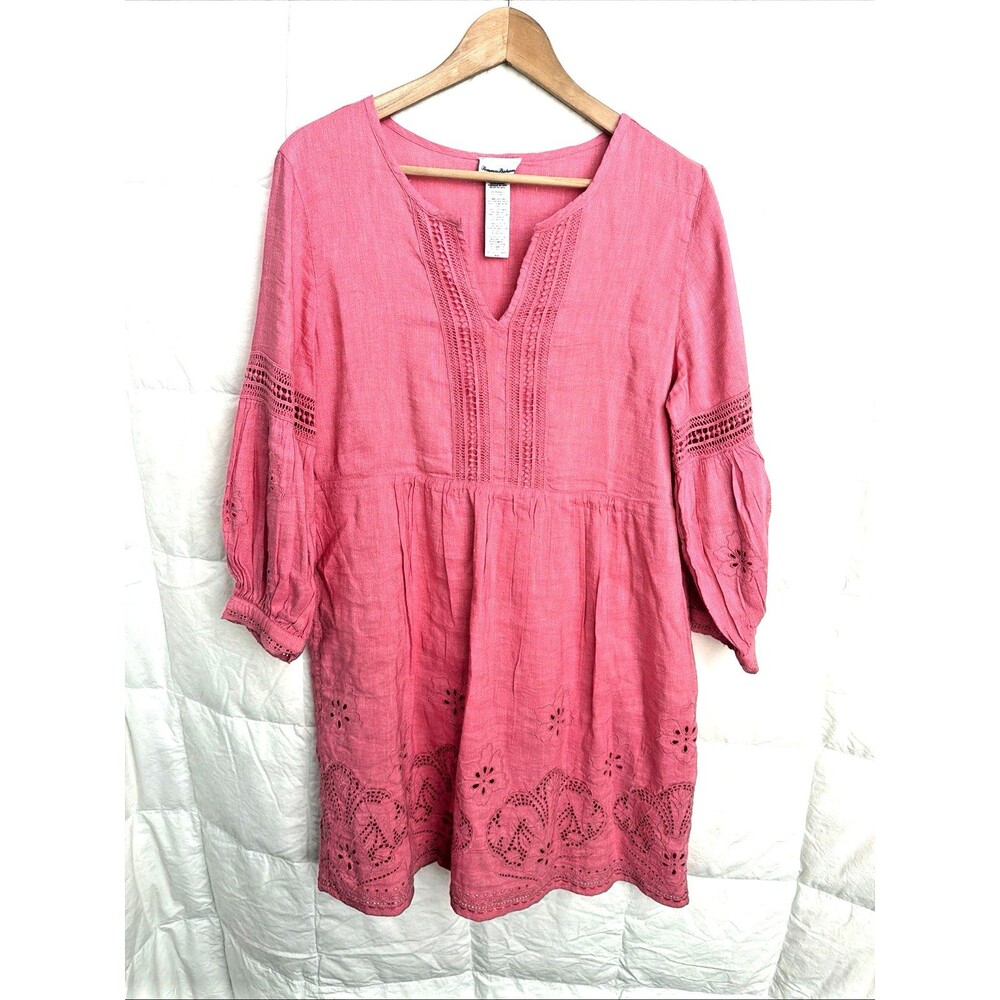Tommy Bahama Pink Embroidered V-Neck 3/4 Sleeve Pullover Dress Medium